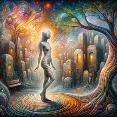 The primary subject of the image is a woman, who is the main focus of the scene. She is standing in a surreal, colorful environment, which appears to be a digital art or illustration. The setting includes a tree, a bench, and a building, creating a unique and vibrant atmosphere. The woman is wearing a dress, and her presence in the scene adds a sense of depth and intrigue to the image. The colors and mood of the image are predominantly bright and lively, with a